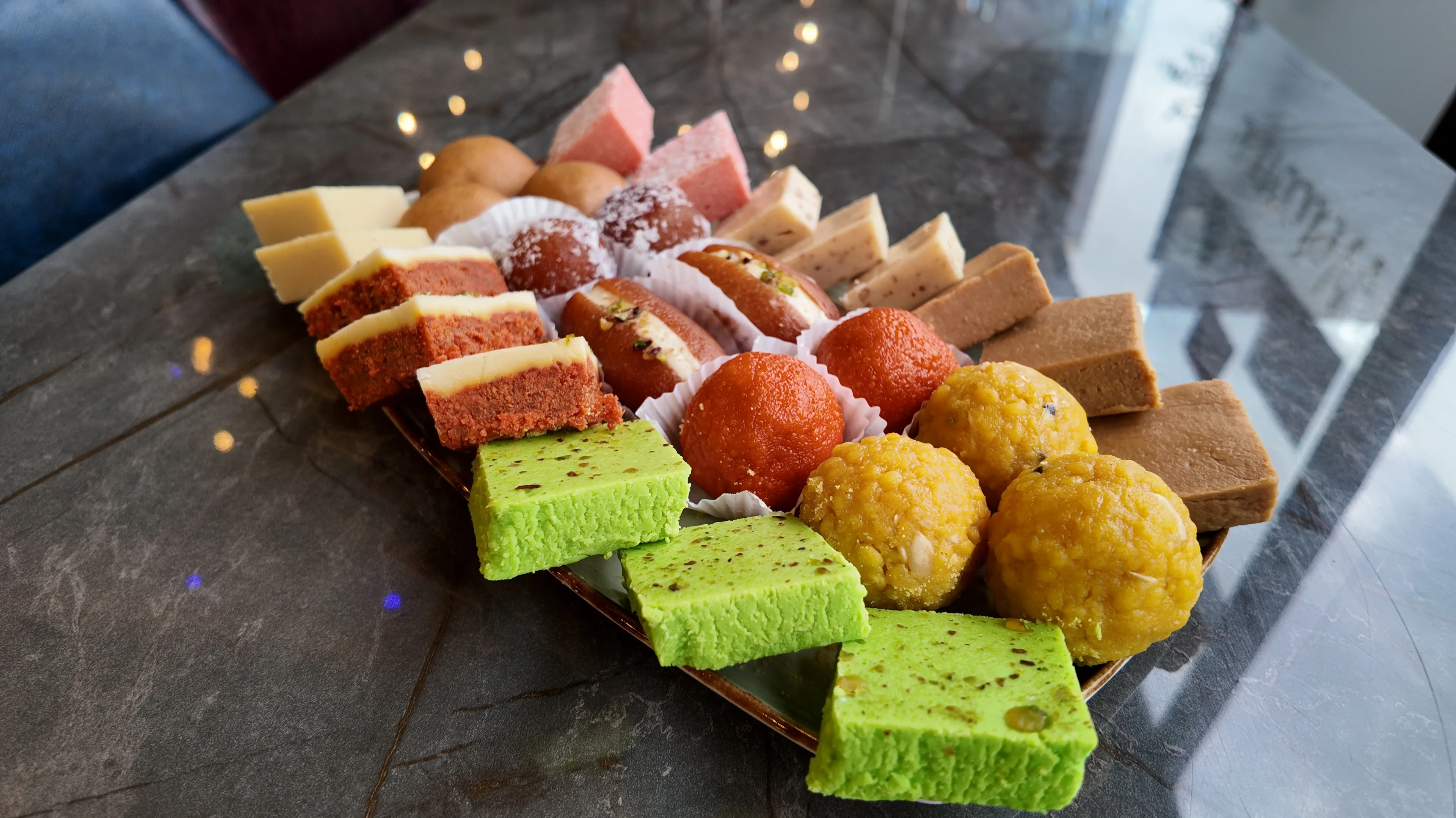 A platter of mixed Indian sweets.